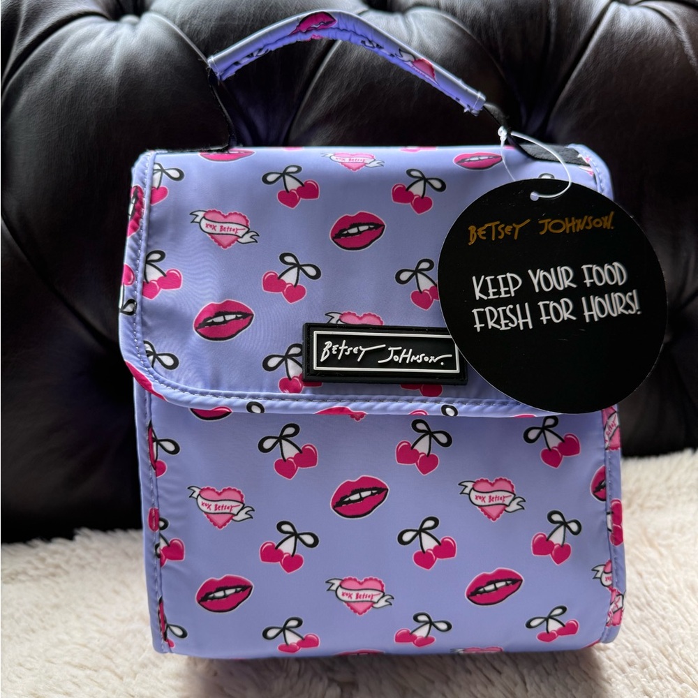 Betsey Johnson NWT Purple Lunch Bag Tote Lips Hearts Cherries